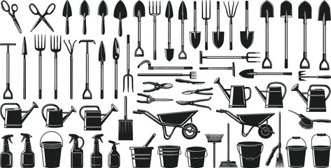 Extensive Gardening Tools Silhouettes Collection Shovels Forks Watering Cans Wheelbarrow Supplies Equipment Agriculture Horticulture Landscaping Farming Isolated Grey Background