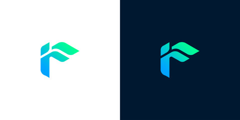Modern abstract letter F logo design concept with a dynamic wing shape. Corporate identity symbol in a vibrant blue and green gradient for technology business