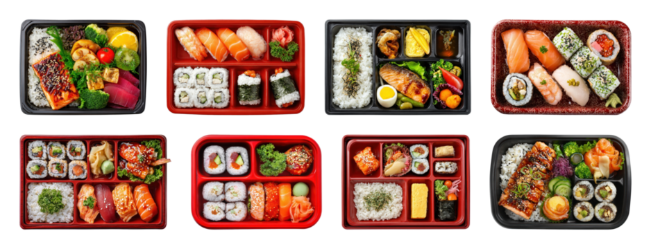 PNG Colorful Japanese bento box assortment, element set on transparent background
