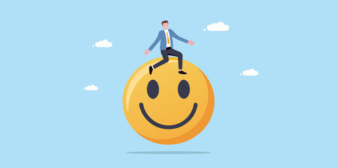 Man riding a giant smiley face in the sky