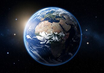 Fototapeta premium View of the globe from space, dominated by the landmasses of Africa, the Arabian Peninsula, and Europe with swirling white clouds