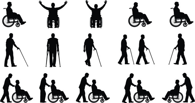 Silhouettes of Disabled People in Wheelchairs and Crutches Mobility Aid Assistance Caregiver Support Disability Health Care Social Inclusion Isolated White Background