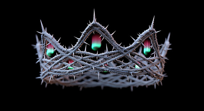 A dark and thorny crown adorned with glowing green and red jewels against a stark black background - Powered by Adobe