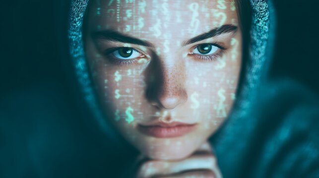 A focused individual with a hooded sweatshirt gazes intently, their face illuminated by digital projections of dollar signs and binary code.