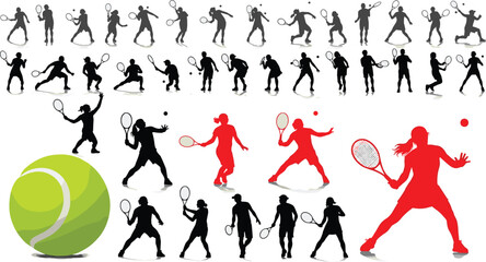 Tennis Player Silhouette Collection Dynamic Action Poses Serves Swings Hits Racket Ball Sports Fitness Training Competition Movement Isolated White Background