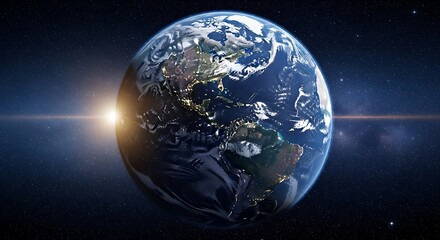 Detailed, realistic view of planet Earth from orbit, showing the continents of Africa and Europe surrounded by deep blue oceans