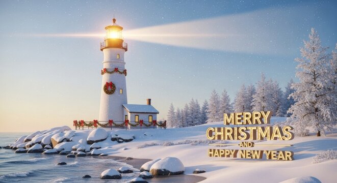 Winter Lighthouse Holiday Scene - A festive lighthouse stands on a snowy coast, decorated for the holidays with garland and a wreath, illuminated against a serene winter landscape