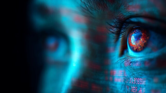 A close-up of a human eye with digital elements, showcasing a blend of technology and human emotion, reflecting the interplay of data and perception.