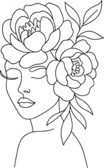 Peony Woman Line Art Portrait – Floral Head Minimalist Drawing.