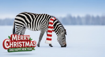 Obraz premium Zebra in Snow Merry Christmas - Festive zebra with scarf in snowy winter landscape, wishing Merry Christmas and Happy New Year