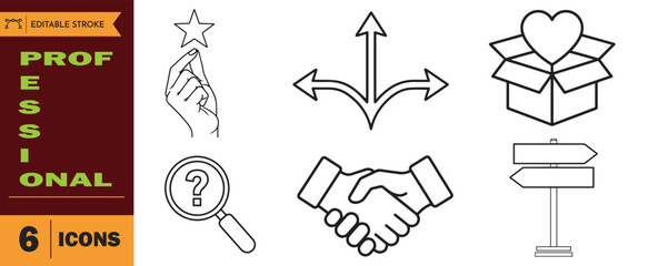 Set of six professional black and white line icons representing business concepts like choice, quality, search, partnership, and gift