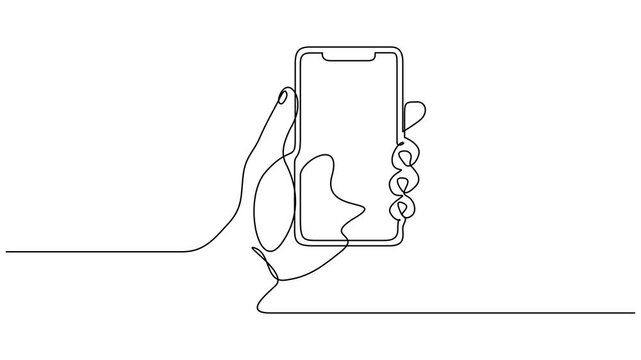 Animated self drawing of continuous line draw of hand holding smartphone. Animation video of a cell phone sending a message in a continuous line 4k video