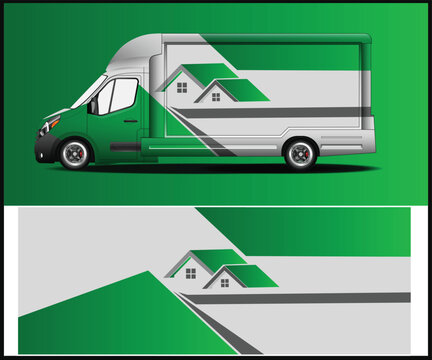 Green and white delivery van with house graphic for real estate business