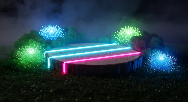 Futuristic neon light display with glowing orbs in smoky atmosphere - Powered by Adobe