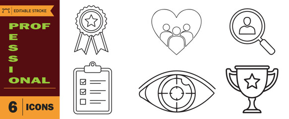 Set of six professional business line icons representing achievement, teamwork, recruitment, checklist, focus, and award for corporate concept design