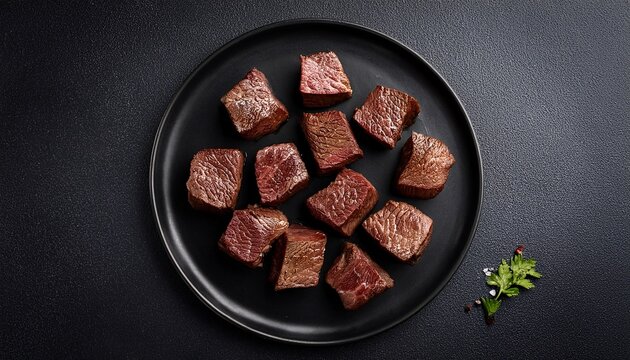 seared beef cubes on black plate top view food photography steak recipe gourmet meal beef cubes pan seared steak