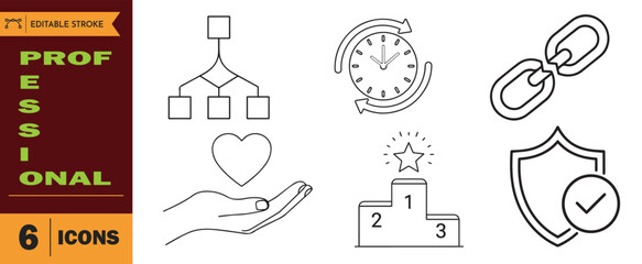 Collection of six professional black outline icons depicting workflow, time management, achievement, connection, care, and security