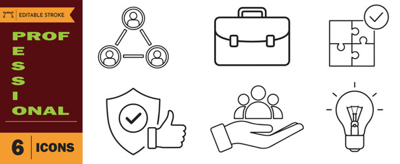 Set of six professional business line icons illustrating networking, briefcase, puzzle, protection, support, and idea for corporate concept design