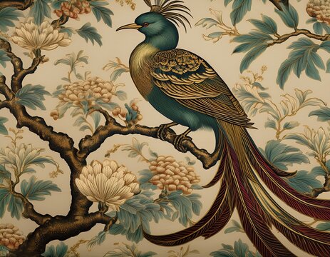 intricate bird and tree motifs on a vintage chinoiserie wallpaper featuring ornate golden accents intricate trees intricate - Powered by Adobe