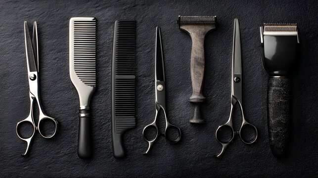 Collection of hair care tools including scissors, combs, and brushes. Concept of organization and attention to detail, as the various tools are neatly arranged in a row - Powered by Adobe