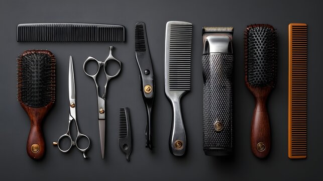 Collection of hair styling tools including scissors, combs, and brushes. Concept of creativity and personal style, as these tools are used to create unique and individualized hairstyles