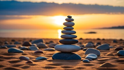 Obraz premium Stacked Stones at Sunset Along a Serene Beach With Gentle Waves and a Colorful Sky