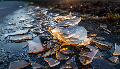 Broken glass shards scattered on wet ground reflecting sunlight.