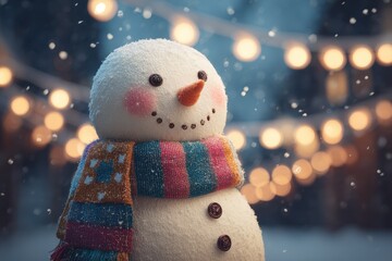 A cheerful snowman wearing a colorful scarf stands amidst softly falling snowflakes, surrounded by twinkling holiday lights, evoking a warm festive mood