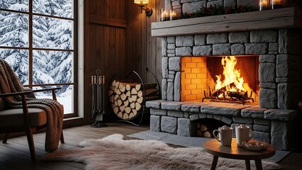 Cozy Winter Cabin Interior with Fireplace and Snowy Window View.