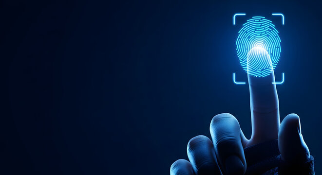 Glowing fingerprint scan on dark blue background for security and identification