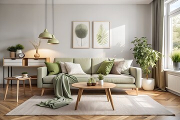 Modern living room with green sofa and natural light