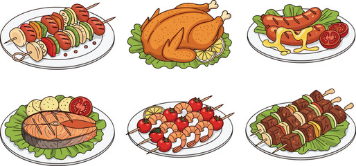 Grilled food plates, roasted chicken, skewers, salmon steak, sausage, shrimp, beef cubes, cartoon meal, culinary illustration, garnish