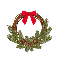 Christmas wreath with spruce branches, cones and a bright red bow. Decorative Xmas holiday element. Flat vector illustration isolated on white background.