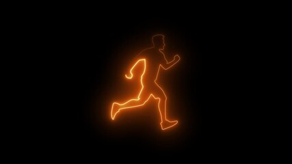 Neon man running icon animation on black background, glowing athlete silhouette, fast motion jog symbol, fitness exercise runner loop, energetic neon sport figure for health, training and activity