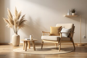 Cozy interior with armchair, pampas grass, and wooden accents