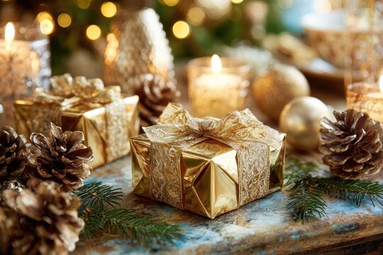 A cozy scene featuring golden gift boxes and pine cones, illuminated by warm candlelight, creating a festive, inviting atmosphere