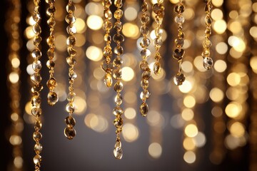 Vertical gold glitter cascades against a dark background, sparkling elegantly, creating a festive and luxurious atmosphere with soft ambient lighting