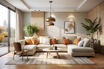 Bright and cozy living room with comfortable sectional sofa