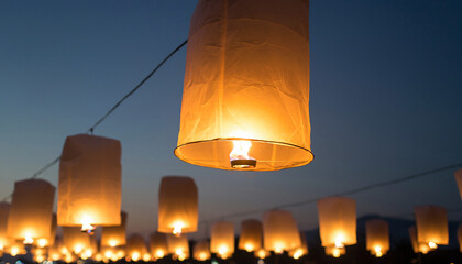 Paper lanterns with flames float against a twilight sky.