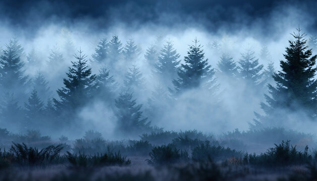 Misty evergreen forest with dark undergrowth and atmospheric fog. - Powered by Adobe