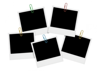 Five instant photo frames with paper clips isolated on transparent background