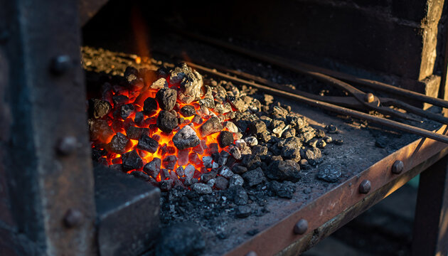 Glowing hot coals in a blacksmith's forge with metal tongs.