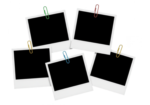 Five instant photo frames with paper clips isolated on transparent background