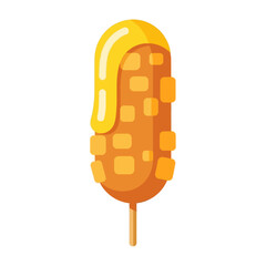 Stylized Corn Dog Icon with Golden Yellow Sauce Drizzle – Classic American Street Food Snack Vector Art