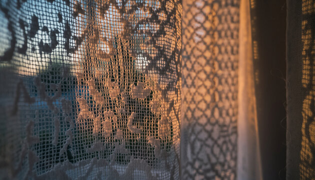 Lace curtain with sunlight casting shadows on the wall. - Powered by Adobe