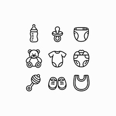 Collection of Outline Icons Featuring Essential Baby Care Products and Newborn Accessories Line Art Set