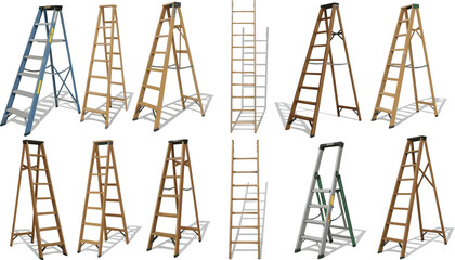 Ladder types, metal ladder, wooden ladder, step ladder, A-frame ladder, construction tool, safety equipment, home improvement, ladder design, illustration © rakib's world