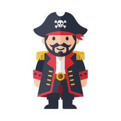 Charming flat design illustration of a friendly pirate captain with a tricorn hat and skull emblem, perfect for adventure themes