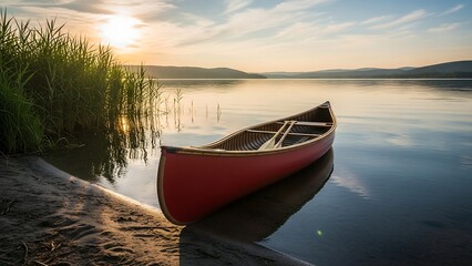 Red Canoe on Still Lake at Sunset - A Serene Lakeside Scene.