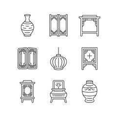 Elegant collection of traditional Asian cultural decorative elements and antique furniture line art icons set